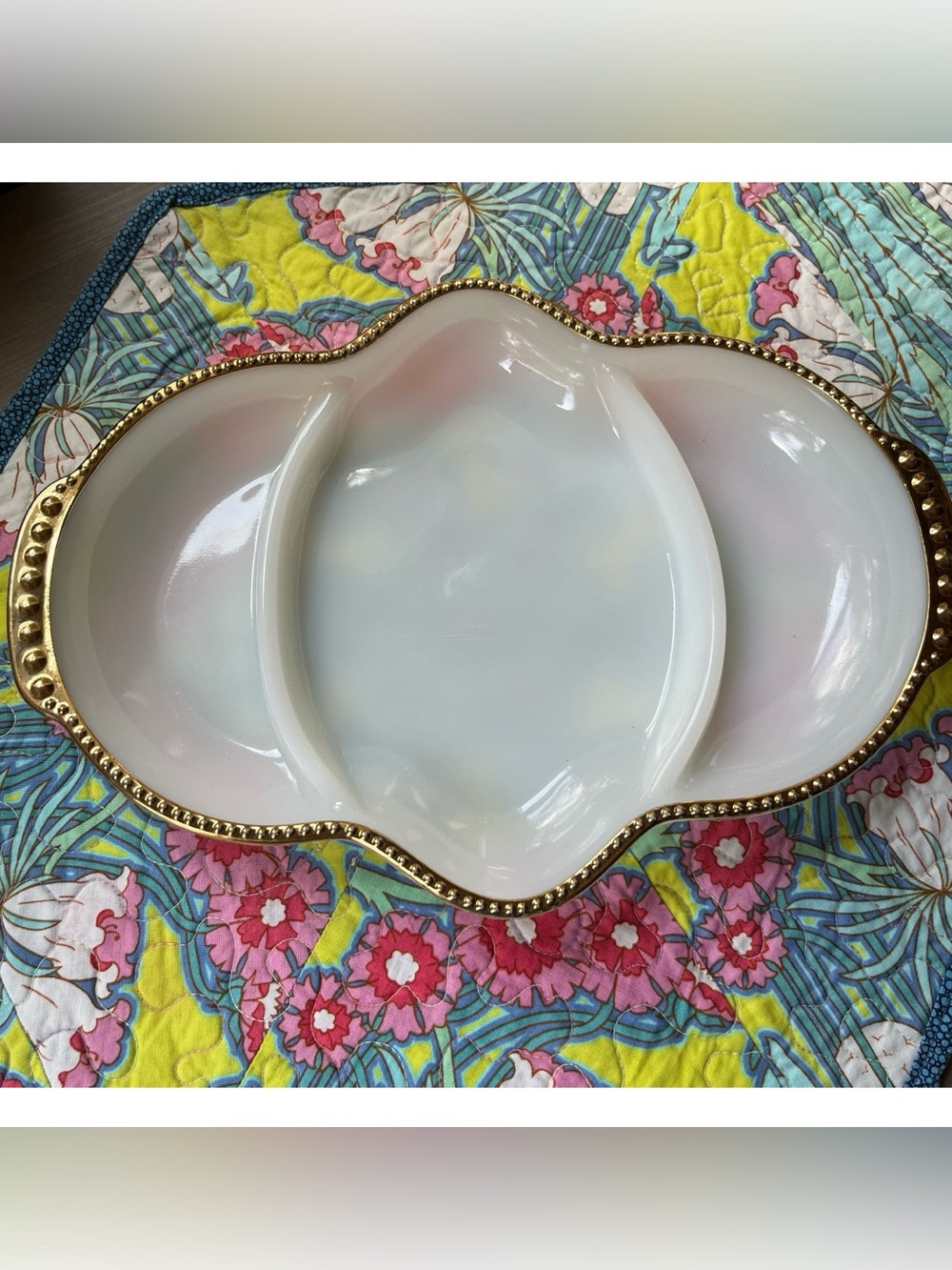 Fire King MCM White Glass Divided Serving Dish with Gold Trim